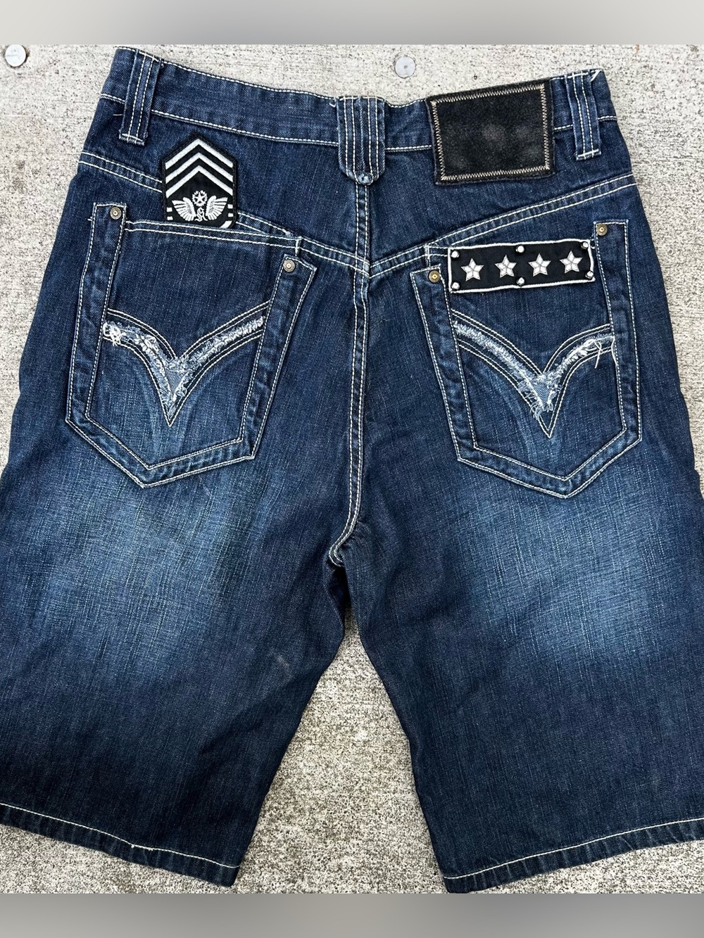 Vintage Y2K Kanji Denim Jorts Mens 36 Baggy Embroidered Back Pockets Blue